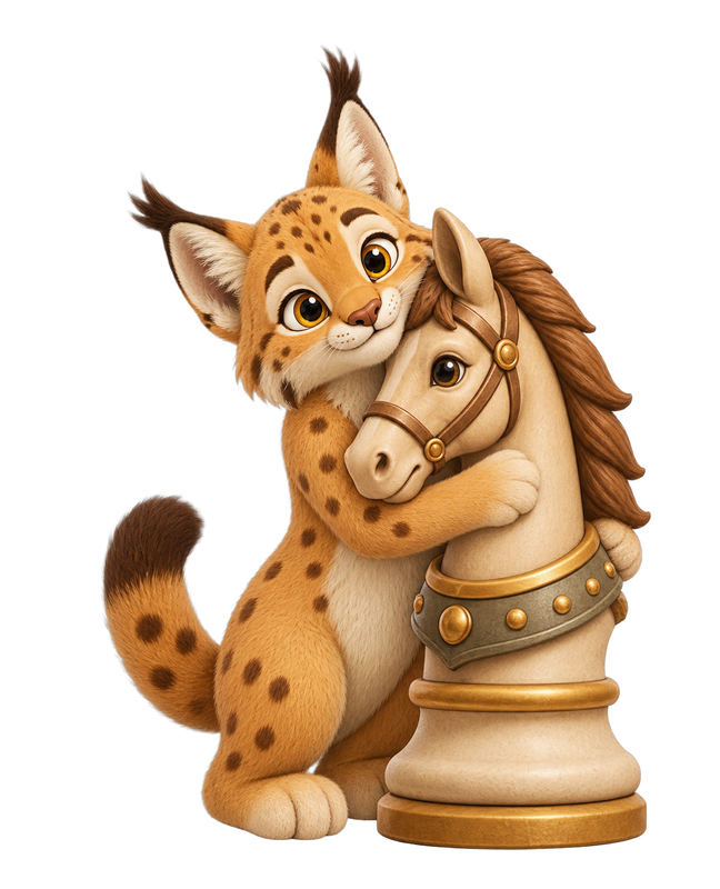 Das ChessLynx-Logo: Lux der Luchs umarmt eine verwandelte Springer-Schachfigur